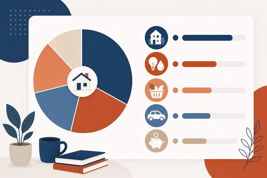 Gráfico de presupuesto mensual del hogar con categorías: vivienda, suministros, alimentación, transporte y ahorro